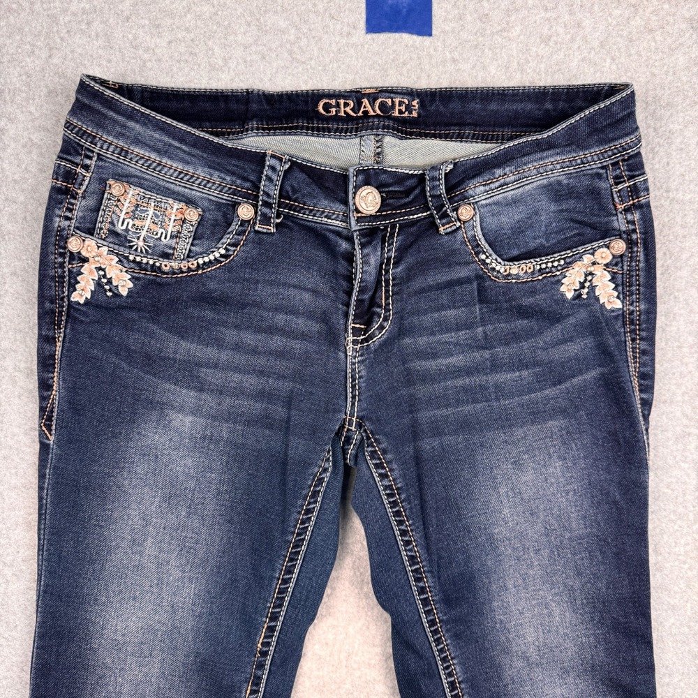 Grace in LA Jeans Womens 28 / 6 Dark Wash Thick Stitch Embellished Slim Straight - Picture 5 of 12